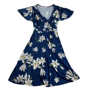 Pinup Fashion Floral Wrap Midi Dress Blue White Lily Print Flutter Sleeve 20W